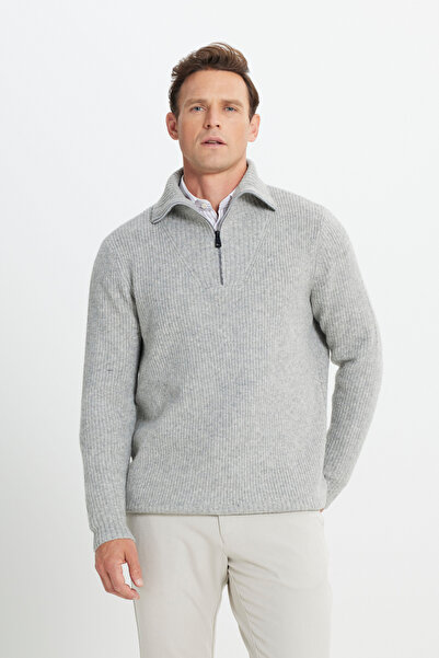 ALTINYILDIZ CLASSICS Pánský úpletový svetr s límcem s límečkem a vzorem v šedé barvě Melange vlna Standard Fit