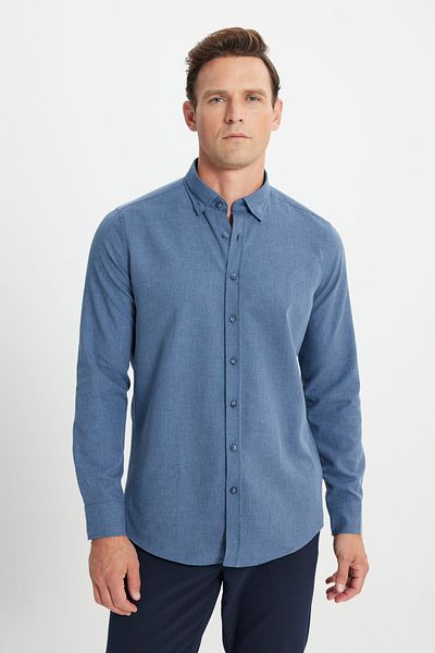 AC&Co / Altınyıldız Classics Navy Blue Flannel Oxford - Slim Fit Winter Shirt, Slim Fit and Buttoned Collar