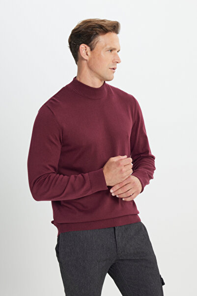 ALTINYILDIZ CLASSICS Men's Claret Red Cotton Knitwear Sweater - Half Turtleneck, Standard Fit