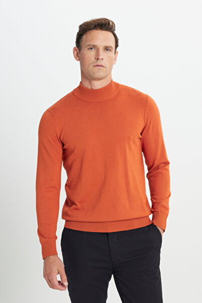 ALTINYILDIZ CLASSICS Strickpullover für Herren – Ziegelfarbe, Standard-Passform, halber Rollkragen