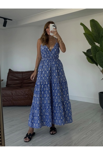 KÜBRA SÖYLEMEZ BOUTİQUE Patterned Blue Cross Strap Dress