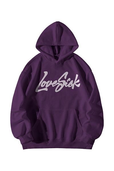 Scrovtie Γυναικεία Ανδρικά Μωβ Lovesick Printed Oversize Hooded Kangaroo Pocket Hoodie