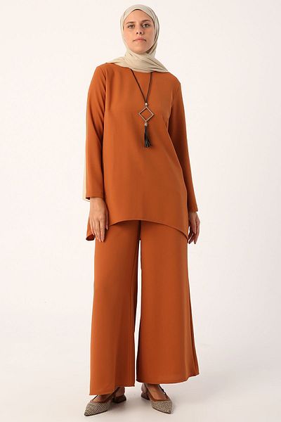 ALLDAY Tan Necklace Wide Leg Trousers Tunic Suit