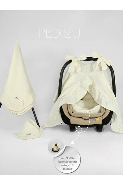Pedimu عربة أطفال من الموسلين لتقويم العظام - طقم مكون من 4 وسائد وغطاء وياقة، سلسلة مكشكشة