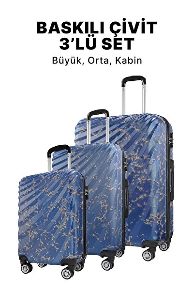 Wexta Wx-300 Baskılı Çivit 3'lü Set Seyahat Valiz/bavul