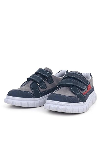Rıdvan Çelik Navy Blue Genuine Leather Children's Sneakers - Velcro Casual School Shoes