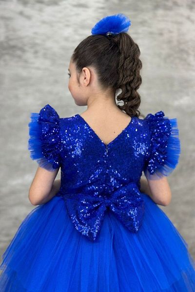 ABİYEKİDS Children's Evening Dress - Sequined Padded and Tailed Sax Blue Aby745