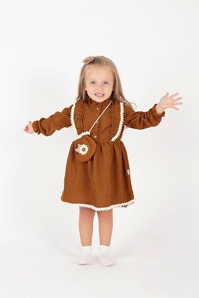 Nehirim Kids Girl's Brown Seasonal Dress - with Bag and Lace (2-3-4-5 Years)