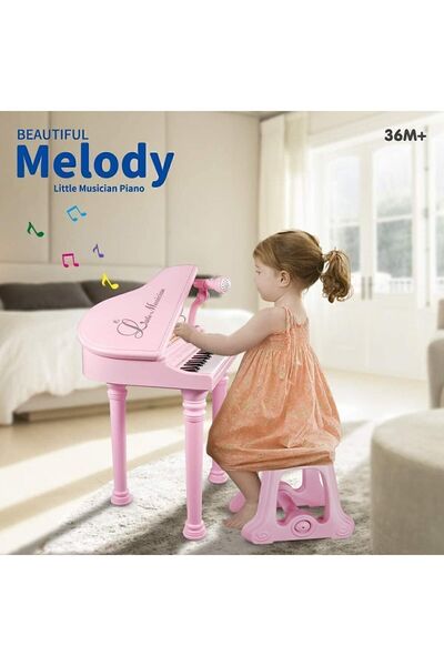 Cici Oyuncak Kız Çocuk Pembe Mikrofonlu 37 Tuşlu Büyük Pembe Piyano Oturaklı