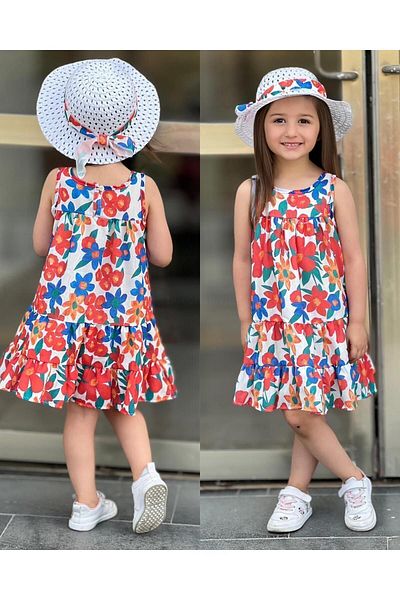 CENGO KIDS COCUK GIYIM Floral Print Dress and Holiday Hat for Girl - Gift Set