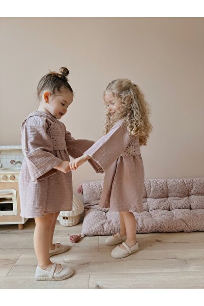 Lalia Rose Dress Kız Çocuk Gül Kurusu Müslin Mevsimlik Elbise 2'li Set (elbise Ve Crop Örgü)?