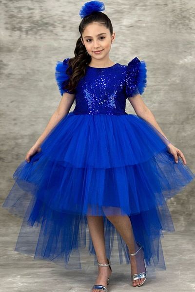 ABİYEKİDS Children's Evening Dress - Sequined Padded and Tailed Sax Blue Aby745