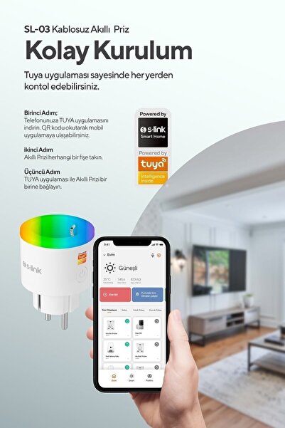 S-LINK Sl-03 16a Akım Korumalı Akıllı Priz Rgb Işıklı 2.4 G Wifi Sarfiyat Ölçümleme Tuya Destekli