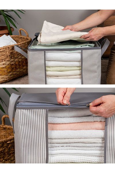 NACAREV Medium Size Windowed Anthracite Line Patterned Closet Organizer Clothing Storage 45X40X30Cm