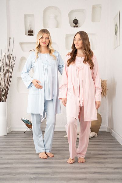 Lohussa Set pijama și rochie de damă din dantelă albastră - bumbac de iarnă, pentru gravide și maternitate