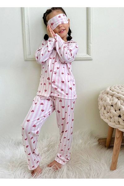 ARBİ kids Girl's Heart Striped Pink Buttoned Pajama Set