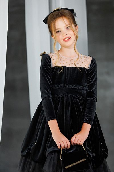 Ribbon kids Rochie pentru fete din catifea cu maneca lunga - cu gluga si catarame