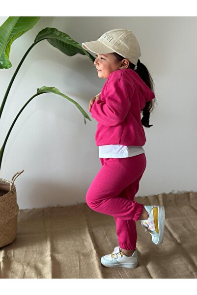 BAHNUR Fuşya 3 Üç Iplik Kapşonlu Bebek Çocuk Eşofman Takımı