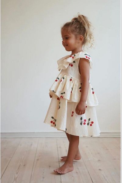 ElfinKids Cherry Patterned Muslin Fabric Girl's Dress