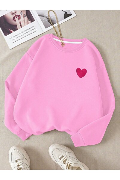 SeusCraft Mini Kalp  Logo Kışlık Sweatshirt - Pembe Baskılı Oversize Şardonlu...