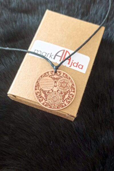 markajda Ayetel Kürsi, Süleyman Mührü ve Celcelutiye İşlenmiş, Özel Tasarım Saf Bakır Kolye