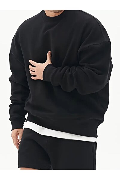 Elvino Düz Siyah Kalın 3 İplik Şardonlu Kışlık Kadın Erkek Unisex Oversize Basıc Bisiklet Yaka Sweatshirt