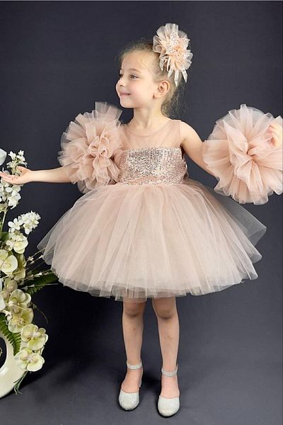 ABİYEKİDS Powder Sequined Sleeve Detailed Style Children's Evening Dress