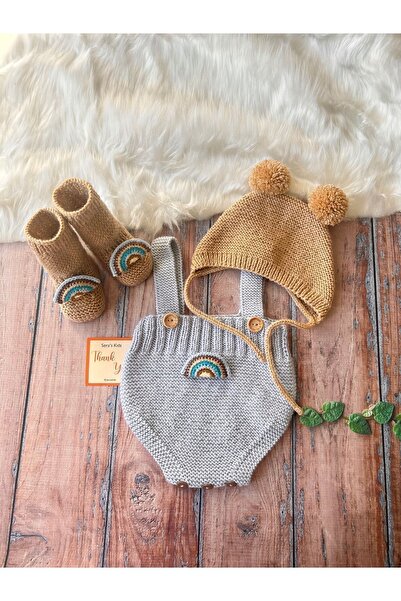 seraskids Örgü Erkek Bebek Şapka, Tulum, Patik Takım Set