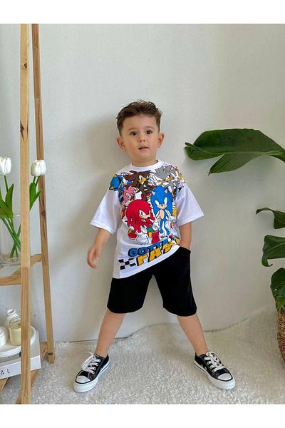 CANDA White Sonic Character Printed Summer Set - Top and Bottom Set