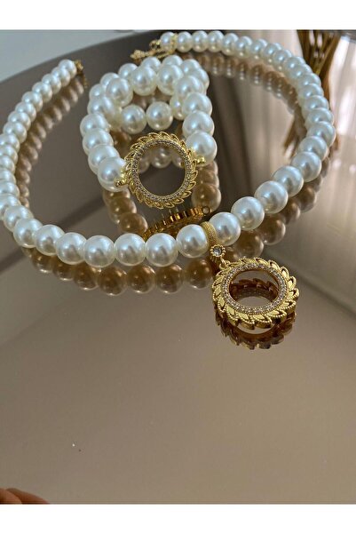 PD GRUP Yarım Altın Uyumlu Çerçeve Kolye Yarım Altın Bileklik Set Incili Yarım Altın Takılan Set Flower