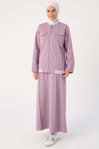 ALLDAY Soft Lilac Striped Ribbed Skirt Short Cardigan Set