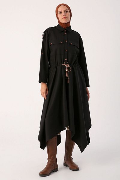 ALLDAY Black Asymmetric Skirt Shirt Tunic with Epaulettes