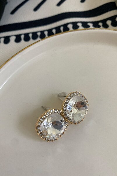 Dora Accessories Kücük Oval Beyaz Taşlı Altın Renk Abiye Kadın Küpe