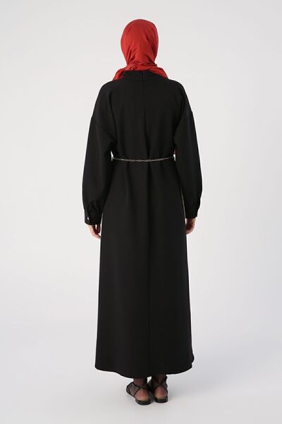 ALLDAY Černé šaty s páskem s oválnými rozparky na bocích