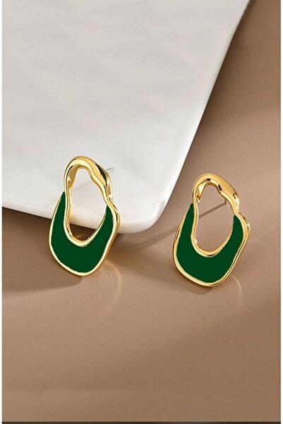 MRK Asimetrik Zümrüt Yeşili Mineli Altın Renk Küpe