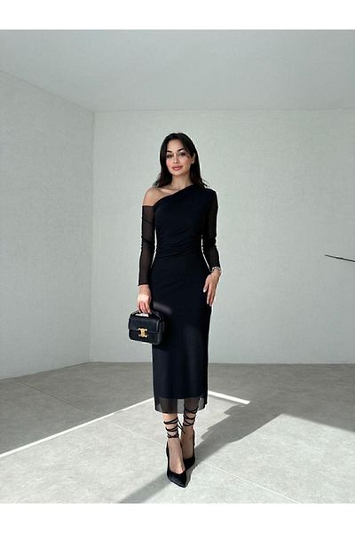 manana fashion Rochie Midi Elegantă Detaliu Tulle Mânecă Un Umăr Negru