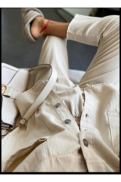 manana fashion Lněná souprava ležérní košile a kalhot - kamenná barva