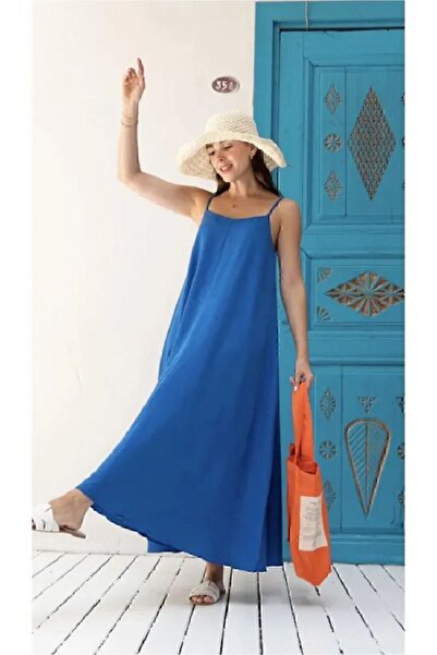manana fashion Ayrobin Kumaş Ayarlanabilir Askılı Uzun Mavi Elbise