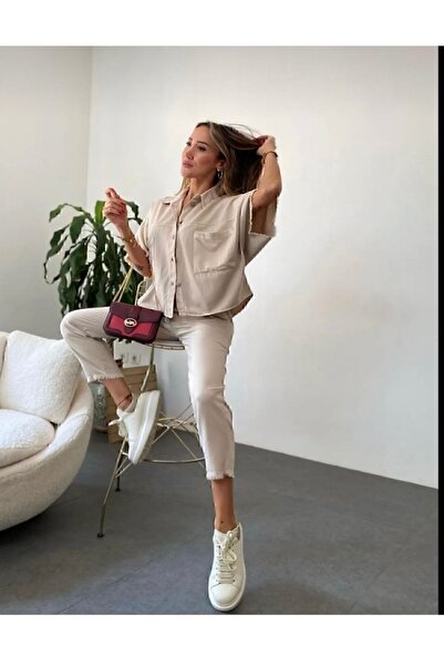 manana fashion Taş Rengi Keten  Bağcıklı Paçası Püskül Detay Pantolon