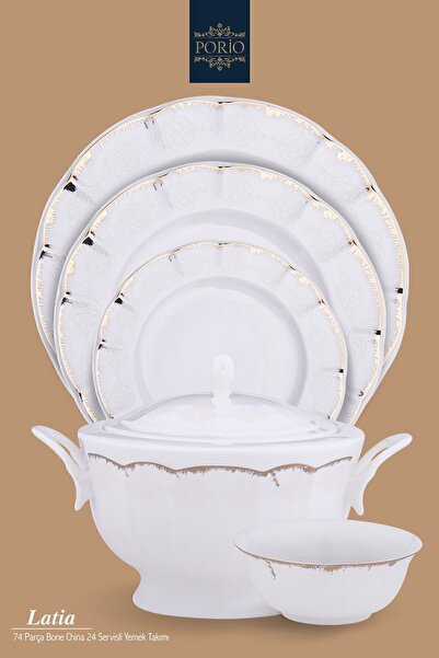 Porio Latia 74 Parça Bone China 24 Servisli 12 Kişilik Porselen Yemek Takımı