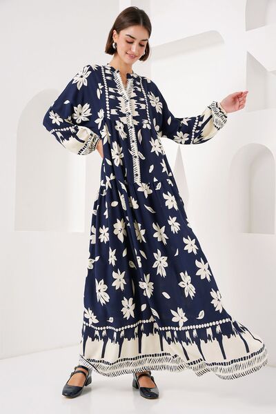 Bigdart 2423 Otantik Desenli Elbise - L. Lacivert