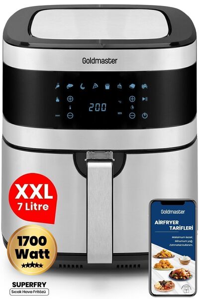 GOLDMASTER Superfry 7 Litre Inox Geniş Hazneli Xxl Dokunmatik 8 Ön Ayarlı Airfryer Sıcak Hava Fritözü