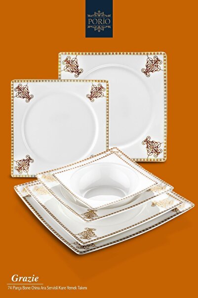 Porio Grazie 74 Parça Bone China 12 Kişilik Kare Porselen Yemek Takımı