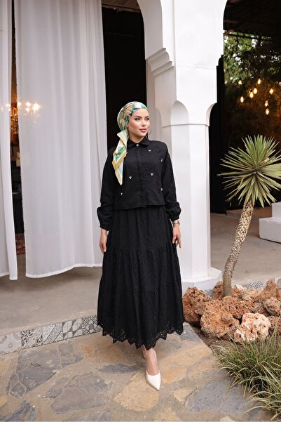 hilla line Black Hijab - Stone Detailed Long Skirt Scallop Set