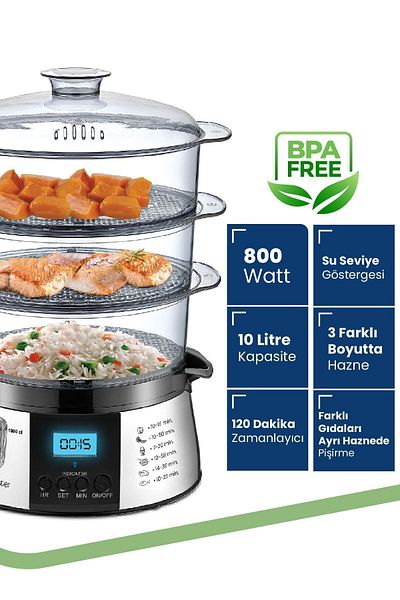 GOLDMASTER Biofit 10 lt Digital Steamer with LED Display 120 Minutes Time Adjustment Gm7268d