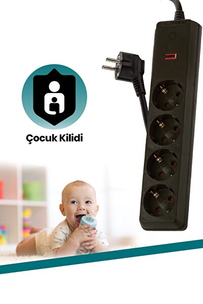 GOLDMASTER Akım Korumalı Çocuk Koruma Kilitli 3 Metre Kablo Uzunluklu 4'lü Grup Priz