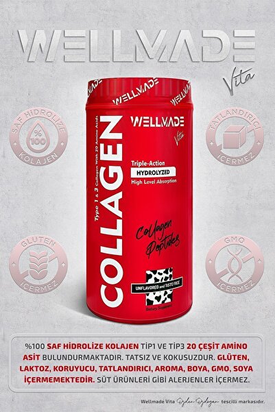 WELLMADE VİTA %100 Saf Doğal Kolajen Peptit 20 Aminoasit Içeren Takviye Edici Gıda-500gr (50 GÜNLÜK)