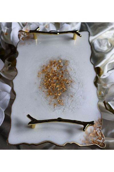 Home White Epoxy Promise Engagement Tray with Gold Leaf, Elayapı, Stylish Presentation Tray, Personalized Design,