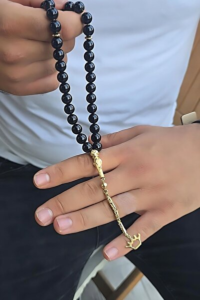 Utku Kuyumculuk 14 AYAR SİYAH ONİKS TAŞLI  ALTIN TESBİH
