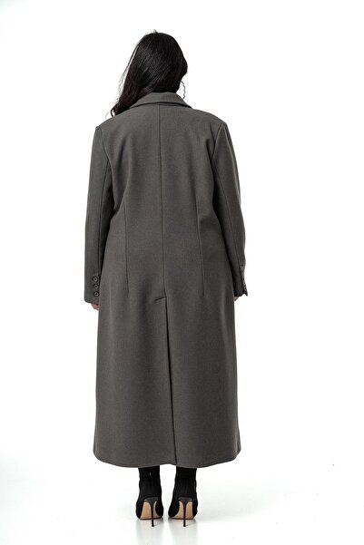 DISENTIS MODEST Large Size Gray Stamp Coat - Long Jacket Collar with Bag Pocket and Lining